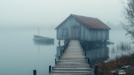 Misty lake boathouse pier autumn boat tranquility