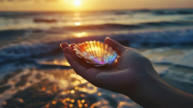 Shell at the sea at sunset. A sea shell in the color of the beach. Palms of palms of a young girl at sunset. Seashell by the ocean lifestyle during sunset.