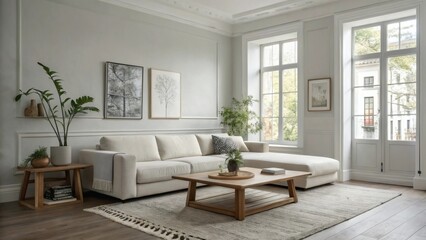 A luxury living room showcases contemporary design with a comfortable sofa and wood furniture