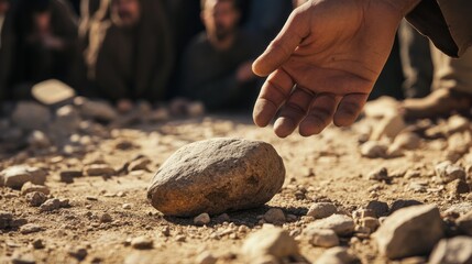 Close-up of a person throwing a stone on the ground after Jesus Christ said: "Let he who is without sin cast the first stone."
