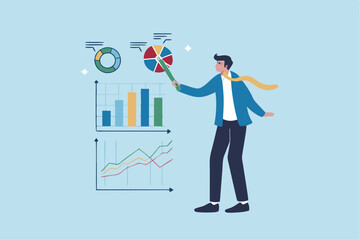 Obraz premium Financial data, investment chart and graph diagram, accounting report, datum growth, marketing analysis, statistics presentation concept, businessman present financial data diagram with dollar sign.