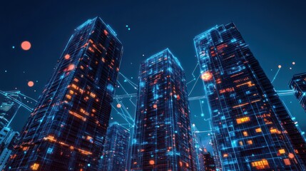 Fototapeta premium Futuristic city skyscrapers at night, interconnected network. Possible use stock photo for technology, innovation, digital city, business, cityscape