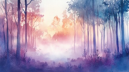 Obraz premium Misty, colorful forest scene at dawn