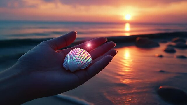 Shell at the sea at sunset. A sea shell in the color of the beach. Palms of palms of a young girl at sunset. Seashell by the lifestyle ocean during sunset.