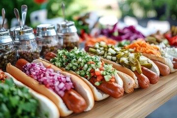 Assorted gourmet hot dogs with colorful toppings and sauces