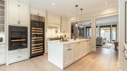 Modern kitchen island, wine cooler, hardwood floors, living room view, home staging