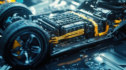 Fototapeta premium Electric vehicle battery, chassis, wheels, technology, workshop, futuristic background, automotive
