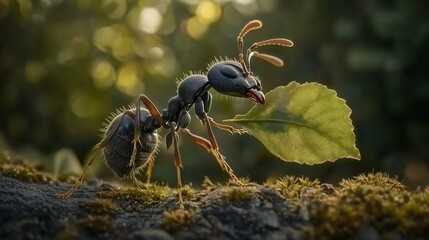Ant carries leaf on mossy rock with forest bokeh background in sunlight
