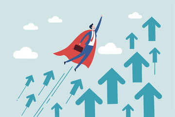 Growth, growing to success, winning or rising employee, skill to victory or development to achieve success, trend, performance or motivation concept, businessman superhero flying up with rising arrow.