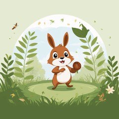 Obraz premium Cheerful cartoon squirrel playing with acorn in a green forest 