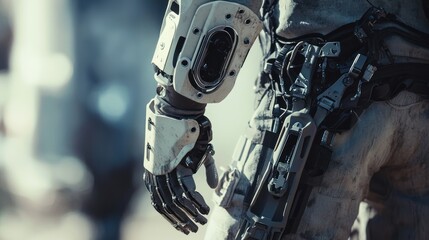 Fototapeta premium A Futuristic Robotic Arm, Detailed Close-Up of a Cyborg's Advanced Prosthetic Limb, showcasing intricate mechanical components and weathered texture, hinting at a post-apocalyptic or sci-fi setting.