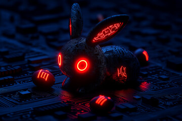 Cyberpunk Easter art with glowing tech bunny and eggs. Neon pet on circuit board