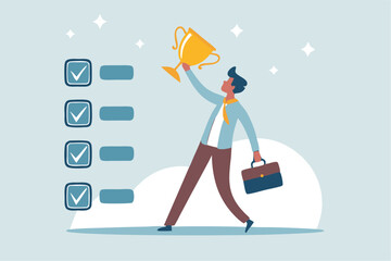 Habits or routine to success, checklist or factors to succeed and achieve goal, winner progress, planning, procedure or process concept, success businessman holding winner trophy with habit checklist.