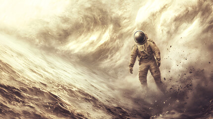 An astronaut on an alien planet facing a raging extraterrestrial sandstorm in a surreal and hostile environment. space exploration 