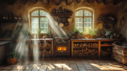 Obraz premium Sunlit rustic kitchen with wood stove and vintage decor