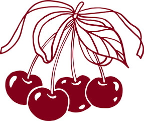 Cherries with ribbon bow. Coquette illustration.