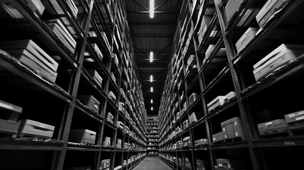 Fototapeta premium Monochromatic Warehouse: A Symphony of Stacks and Shadows