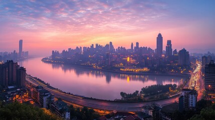 Naklejka premium Sunrise city river panorama, misty dawn