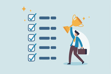 Habits or routine to success, checklist or factors to succeed and achieve goal, winner progress, planning, procedure or process concept, success businessman holding winner trophy with habit checklist.