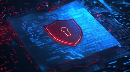 Digital security concept featuring a shield with a keyhole on a circuit board backdrop
