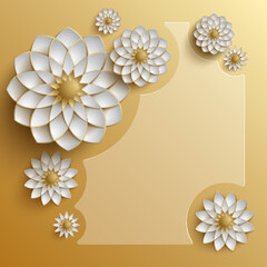 Elegant Golden Background with 3D Floral Accents in White and Gold Hues