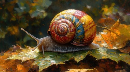 Colorful snail on autumn leaf bed
