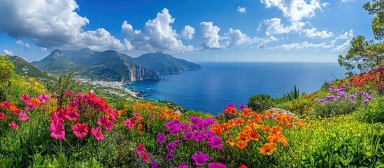 Coastal Bloom Island vista, vibrant flowers