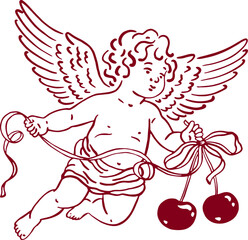 Angel holding cherries. Rococo coquette art.