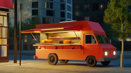 Colorful food truck serving delicious snacks in an urban night setting for culinary and street food themes