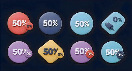 Colorful 50 Percent Discount Badges and Zero Percent Badges Set