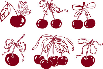 Cherries with ribbon bow. Coquette illustration.