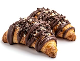 Photograph of a chocolate croissant on a white background