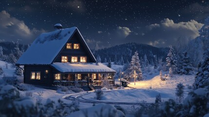 Snowy mountain cabin night scene, winter wonderland, holiday greeting card