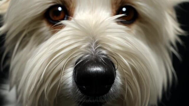 A white shaggy dog with soulful, pitiful eyes gazes longingly, radiating a sense of innocence and vulnerability, inviting compassion and connection from anyone who looks its way.