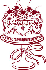 Hand drawn vintage cherry cake. Retro line art.