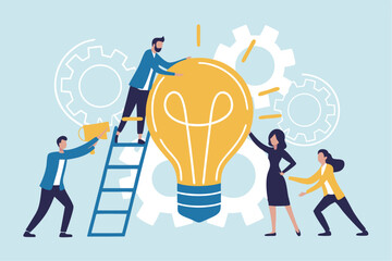Team idea, teamwork solving problem, office meeting discussion brainstorm, innovation or creativity to success concept, business people staff, employees work together complete lightbulb jigsaw puzzle.