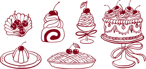 Hand drawn cherry desserts set. Retro line art.