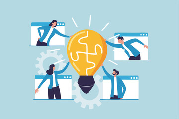 Team idea, teamwork solving problem, office meeting discussion brainstorm, innovation or creativity to success concept, business people staff, employees work together complete lightbulb jigsaw puzzle.