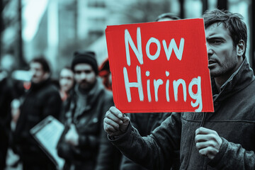 Group of city workers holding a bright sign early in the morning light