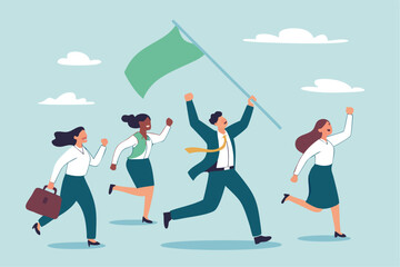 Leadership team leader to lead team to success, company ceo win business competition together, management or professional to reach goal or achievement, businessman leader hold winning flag with team.