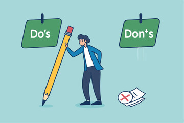 Do and don't checklist, positive suggestion and negative to avoid, correct and false answer on paper note, wrong and right to do list concept, businessman write do and don't checklist on sticky notes.
