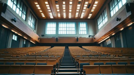 Empty lecture hall, vast windows, wooden architecture, city view, education