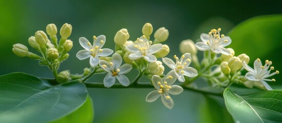 Obraz premium White blossoms branch, green bokeh