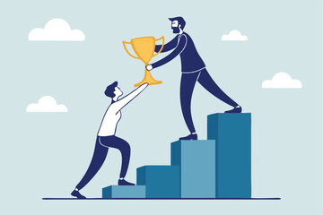Manager support mentor or guidance help to reach success, consultant, assistance expert to help achieve business goal concept, businessman manager help employee to climb up to reach success trophy.