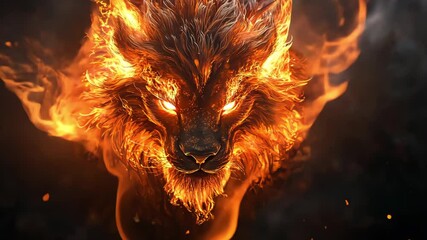Magnificent fiery lion with glowing eyes, fantasy animal in burning flames concept