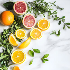 Fresh citrus fruits and herbs arrangement on marble surface