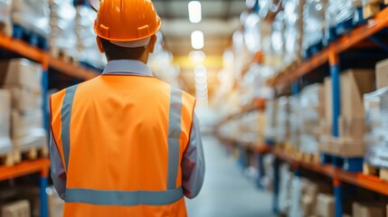 Experienced logistics worker in a bright orange safety vest managing incoming warehouse stock.