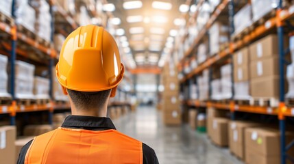 Warehouse logistics manager in orange safety gear supervising loading dock operations.