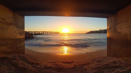 Fototapeta premium Sunrise pier beach view from tunnel