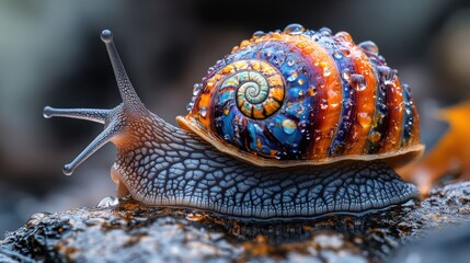 Colorful snail on rock, vibrant design, nature background, macro shot, possible use for education or art print